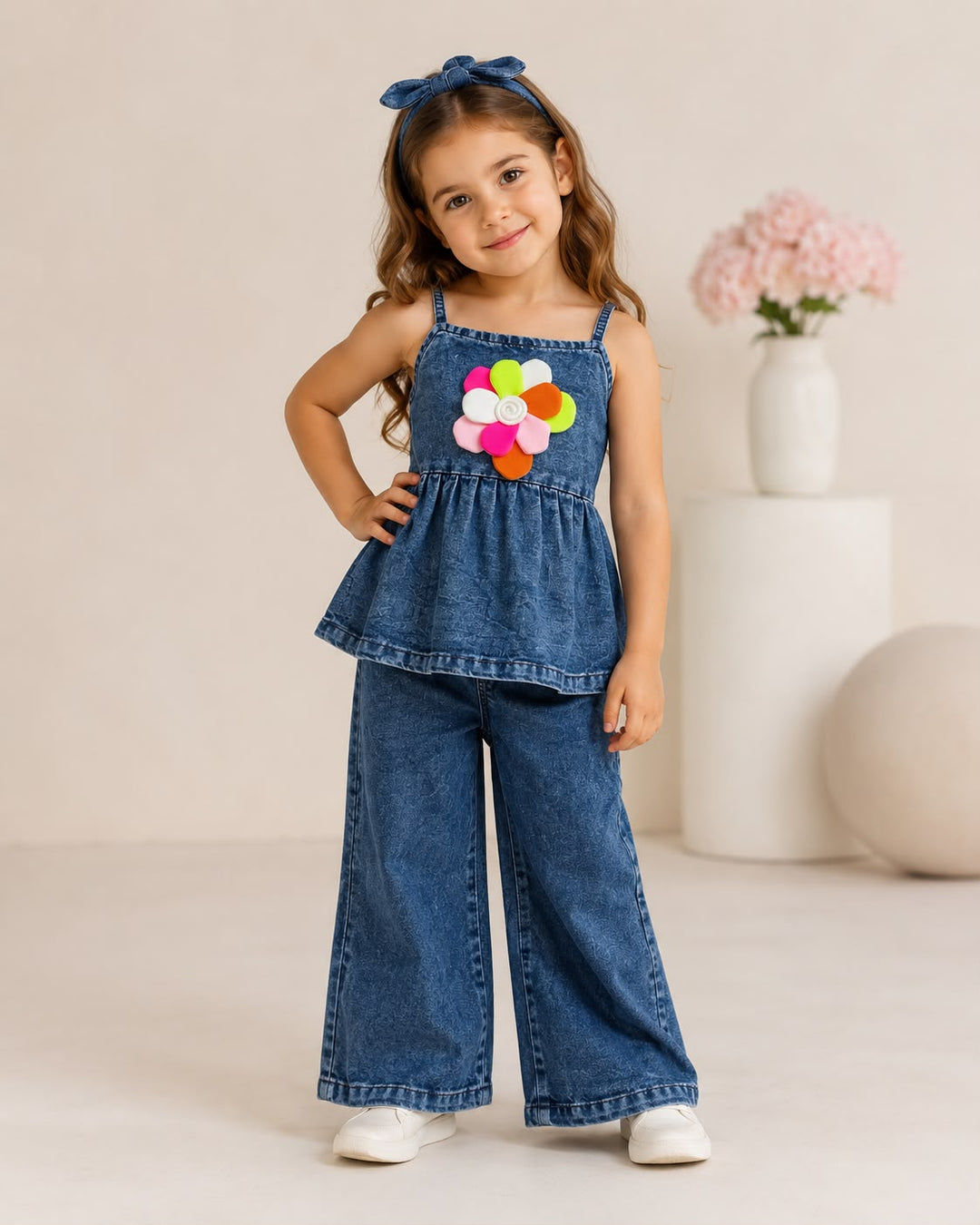 Girls Designer Medium Blue Denim Co-Ord Set [4F-6324] (2-9Years)