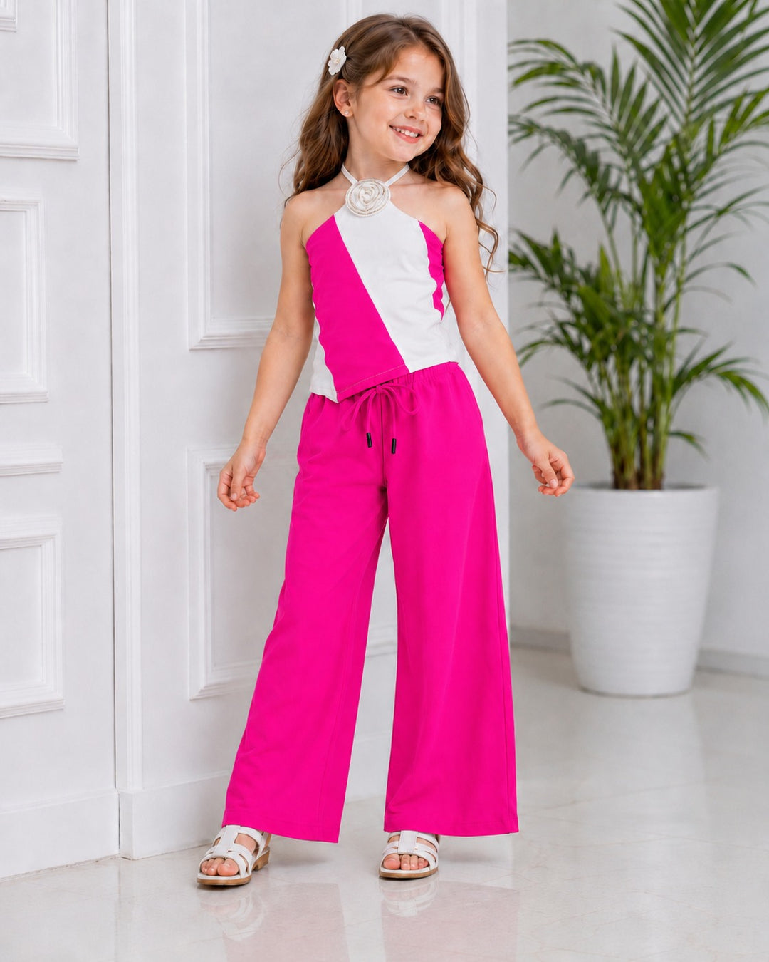 Girls Designer Hot Pink Halter Neck Striped Co-Ord Set [3J-5521] (1-8Years)