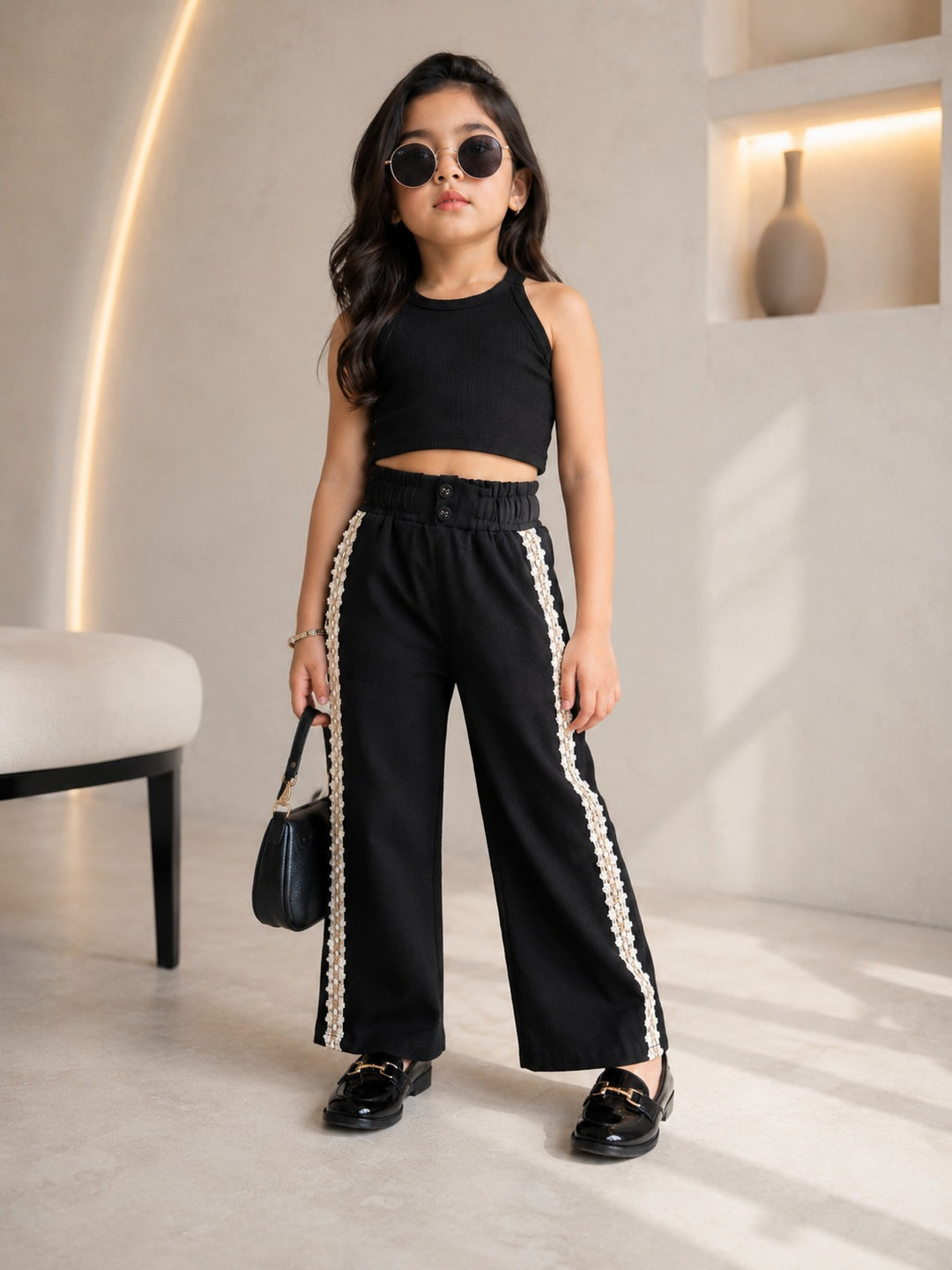 Girl’s Black Korean Side Lace Pant [ONLY PANT] [GJ-1D-5204] (4-12Years)