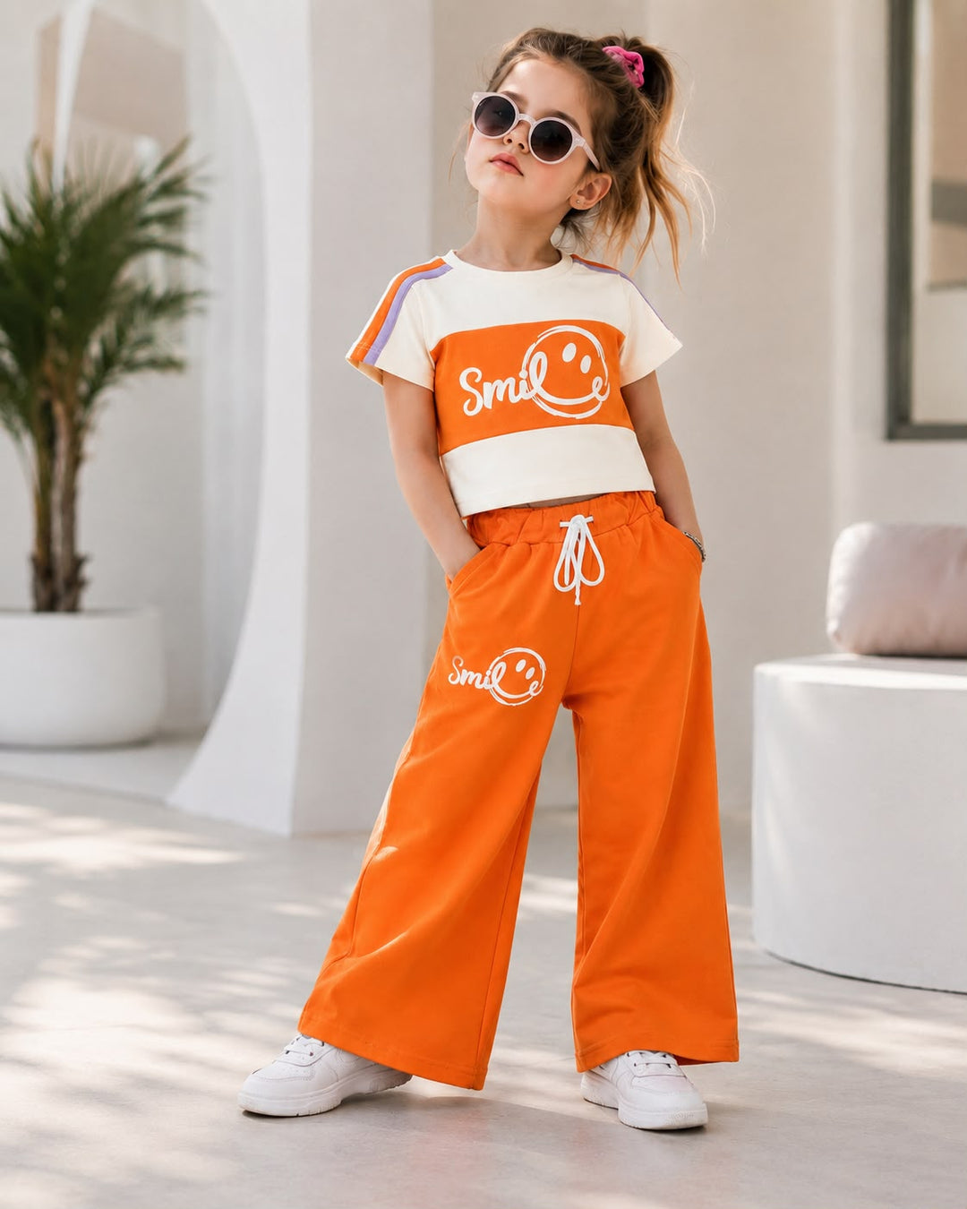 Girl's Smiley Orange Co-Ord Set [GCS-4E-4544](4-12 Years)