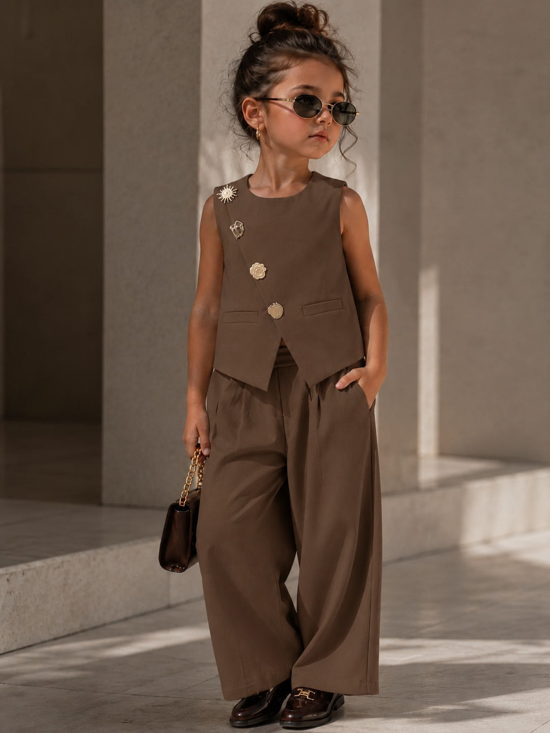 Girls Imported Brown Waist Coat Co-Ord Set [GCS-2J-8911] (4-12Years)
