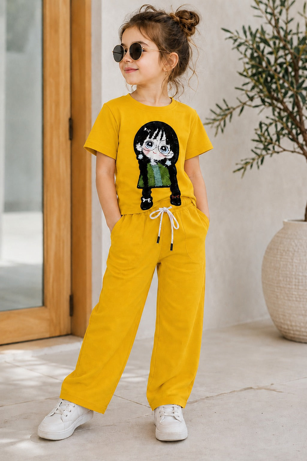 Girls Yellow Cartoon Applique Co-Ord Set [GCS-1E-1224] (4-12 Years)