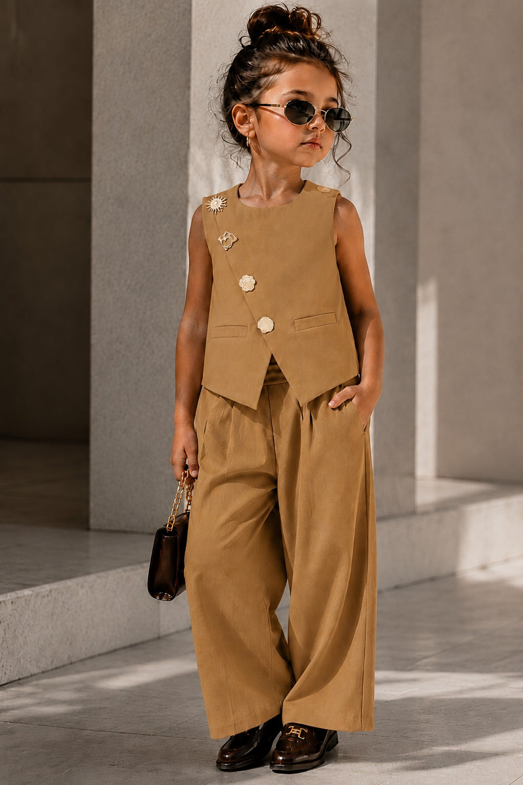 Girls Imported Light Brown Waist Coat Co-Ord Set [GCS-6J-8744] (4-12Years)