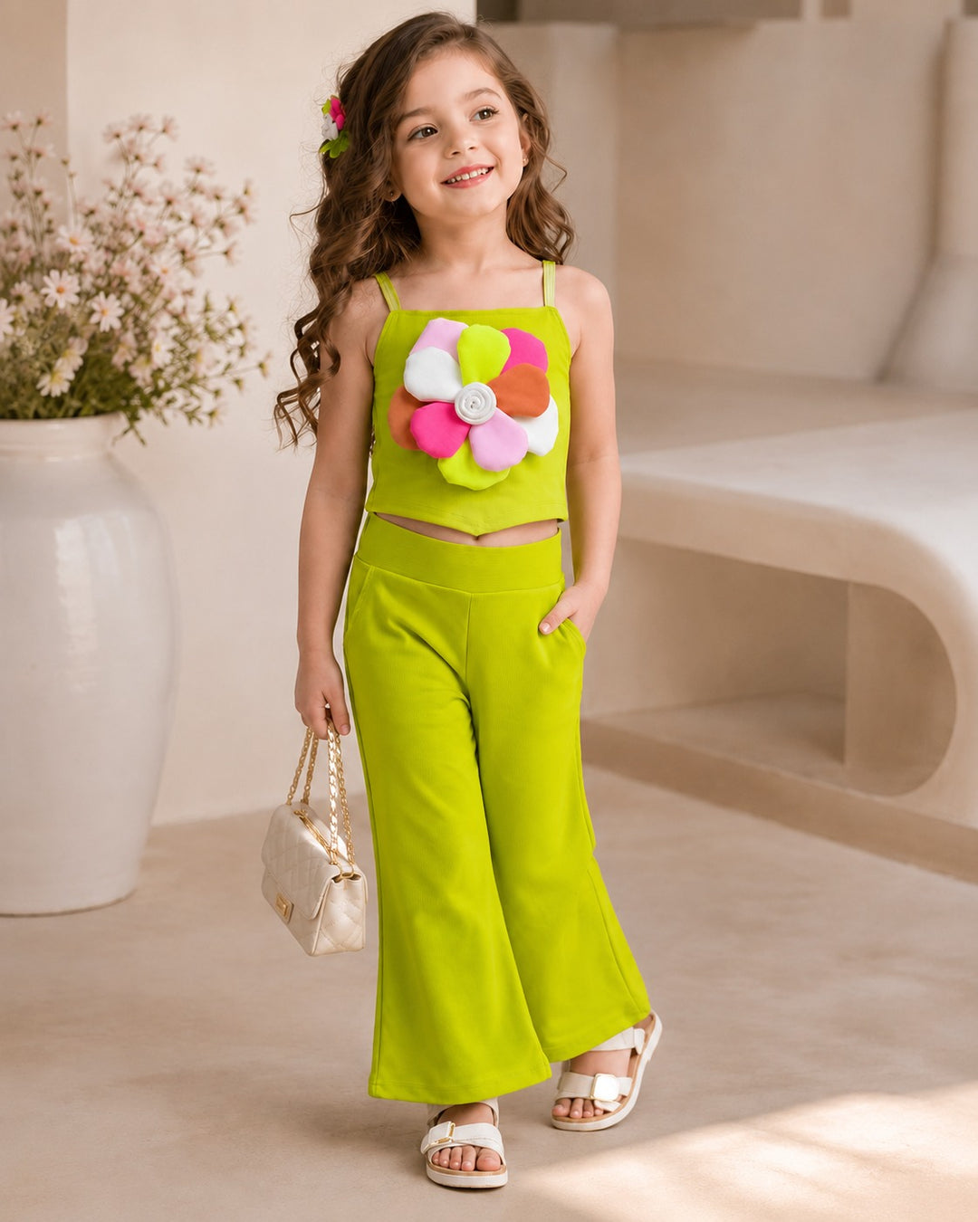 Girl's Neon Green Multicolor Flower Co-Ord Set [GCS-4H-8457](3-11Years)