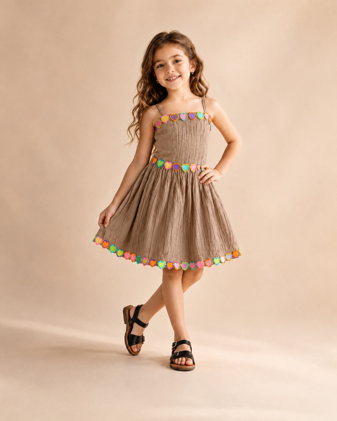 Girl's Brown Rainbow Hearts Sleeveless Party Dress [GD-3A-4312] (4-12Years)