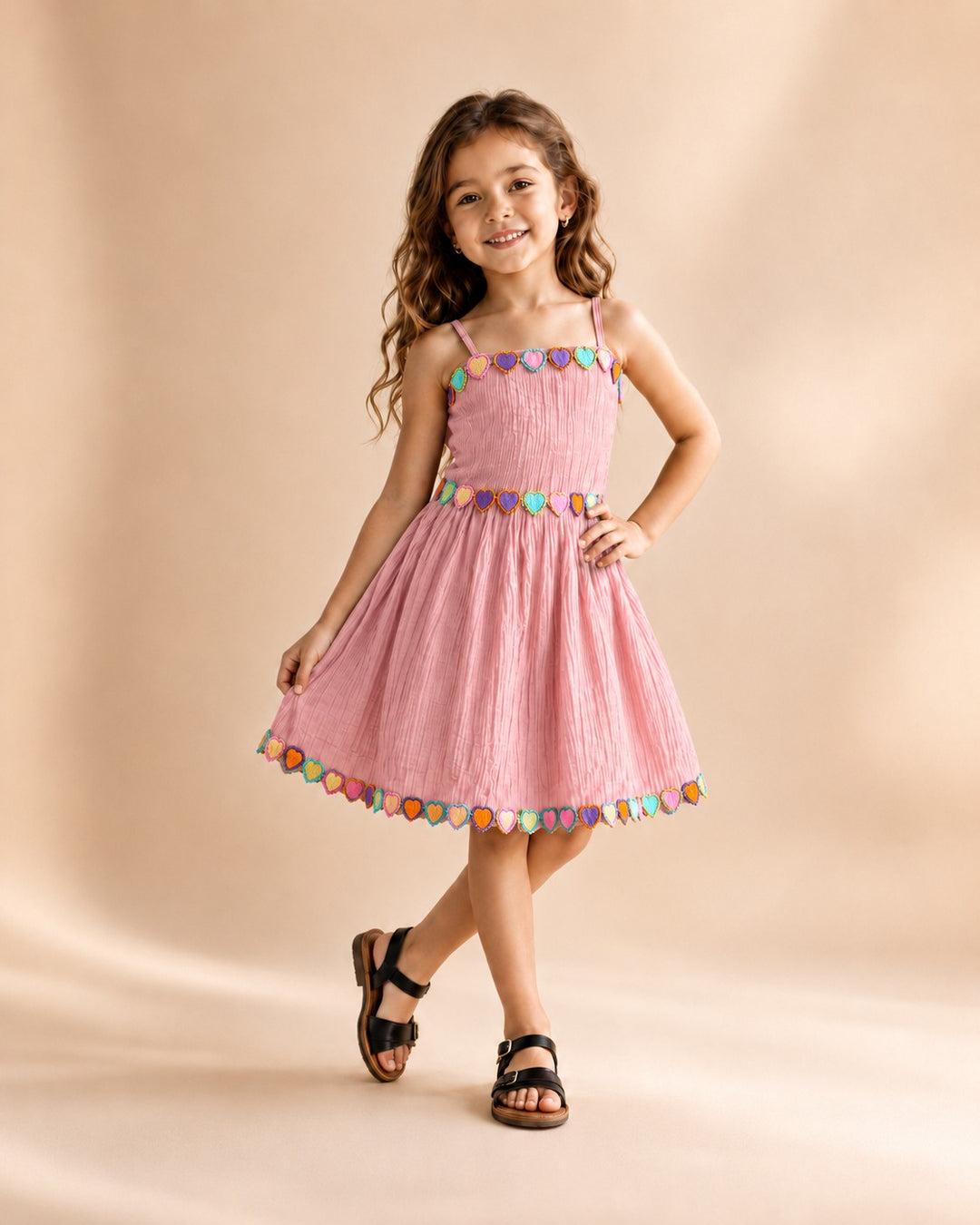 Girl's Peach Rainbow Hearts Sleeveless Party Dress [GD-4A-8265] (4-12Years)