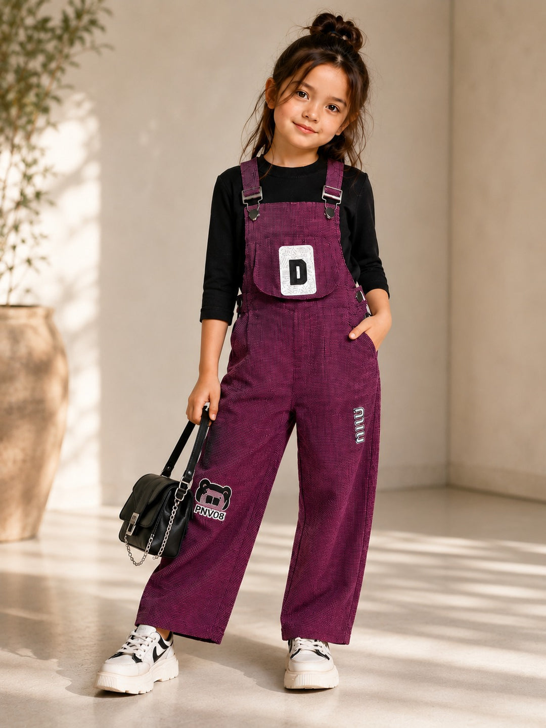 Girls Maroon Corduroy Dungaree With T-Shirt  [GD-2C-8456] (1-13Years)