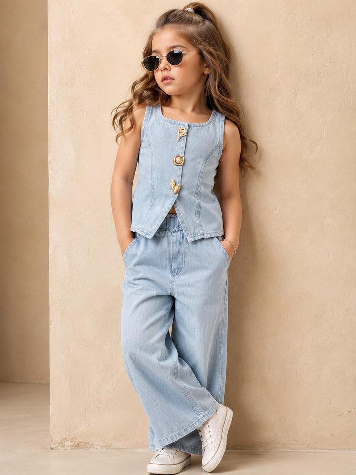 Girls Light Blue Denim Waist Coat Co-Ord Set [GCS-4H-2156] (4-12Years)