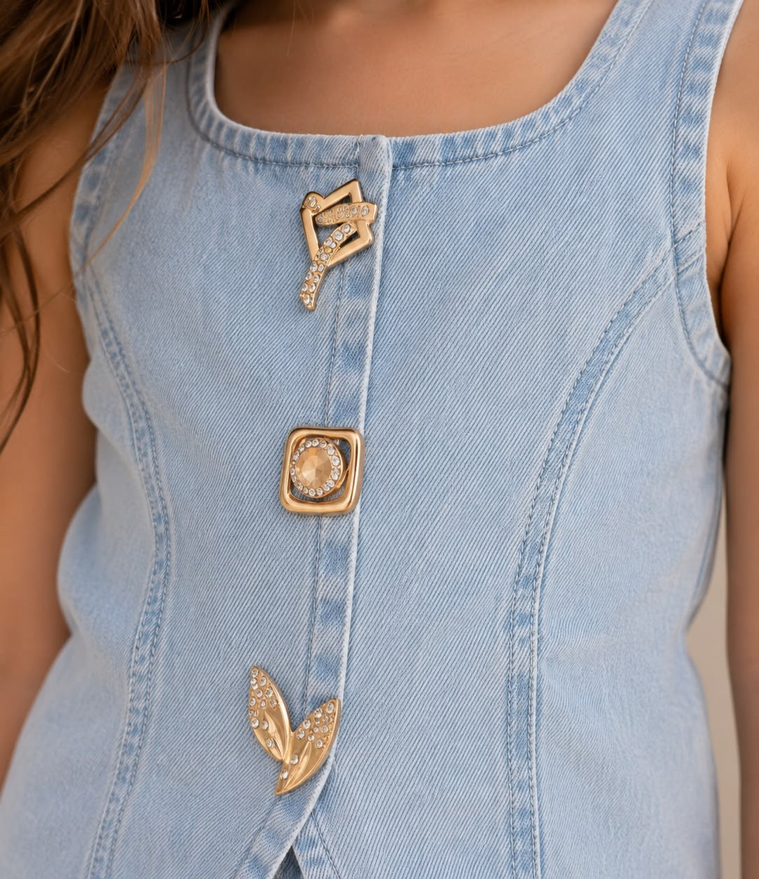 Girls Light Blue Denim Waist Coat Co-Ord Set [GCS-4H-2156] (4-12Years)