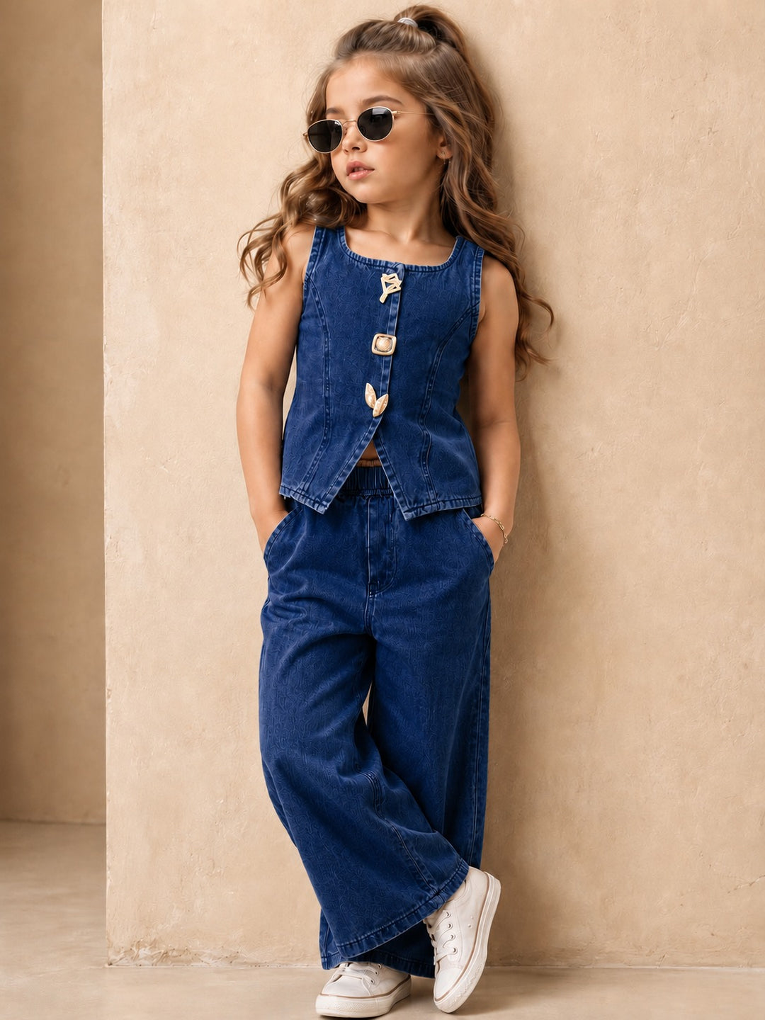 Girls Medium Blue Denim Waist Coat Co-Ord Set [GCS-5H-5125] (4-12Years)