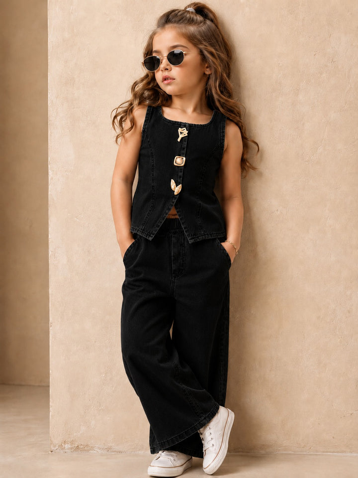Girls Black Denim Waist Coat Co-Ord Set [GCS-6H-6501] (4-12Years)