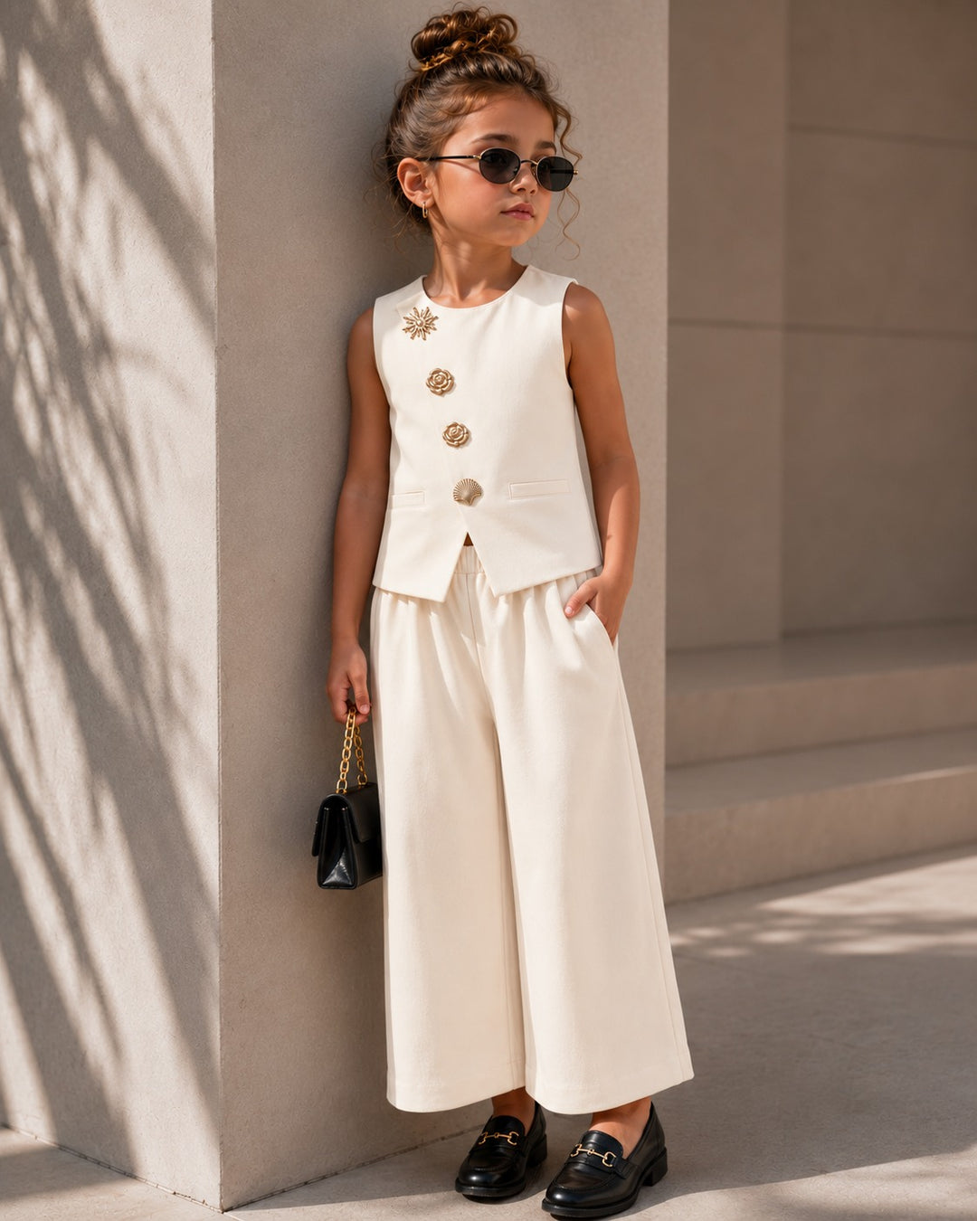 Girls Imported Cream Waist Coat Co-Ord Set [GCS-2J-5321] (4-12Years)