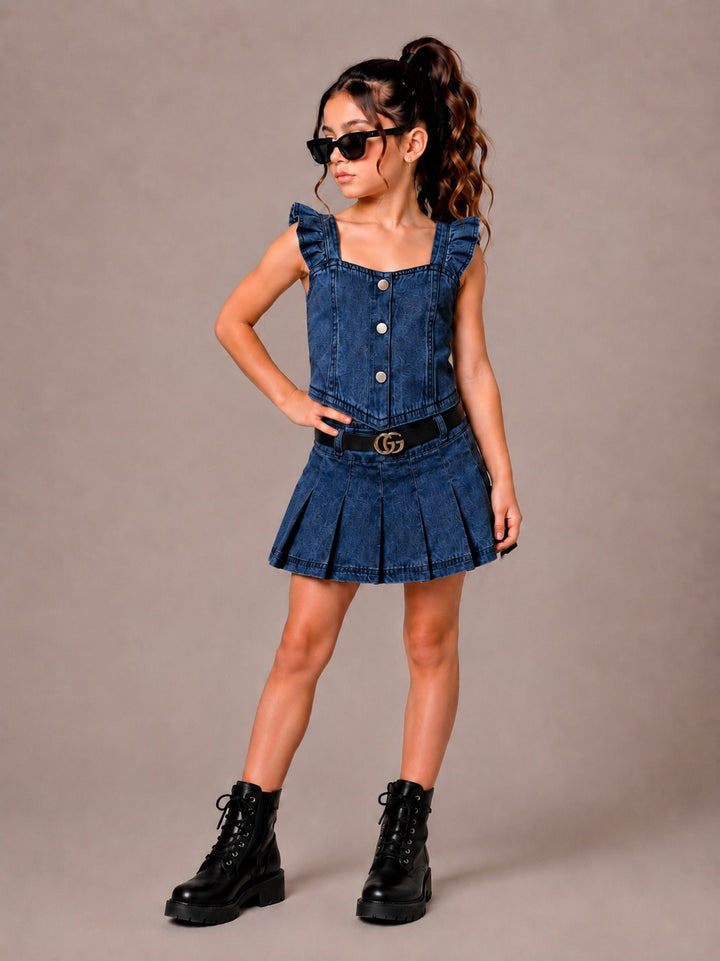 Girls Dark Blue Denim Co-Ord Set With Leather Belt [GCS-4G-4415] (4-12 Years)