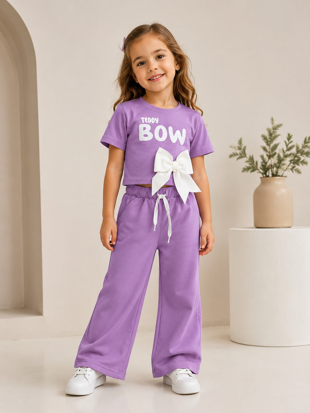 Girl's Purple Teddy Bow Co-Ord Set [GCS-3H-8797] (4-12 Years)