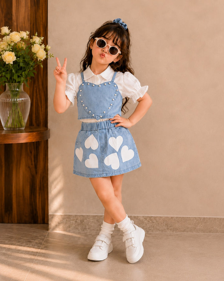 Girl's 3 IN 1  Pearl Love Denim Co-Ord [GCS-1E-4783] (4-12 Years)