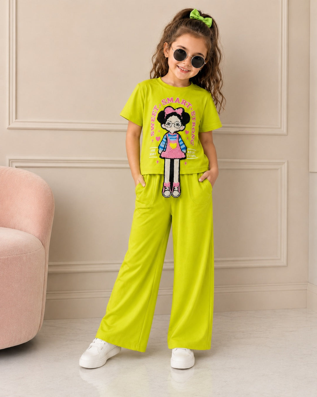 Girls Neon Green Cartoon Applique Co-Ord Set [GCS-3F-3897] (4-12 Years)