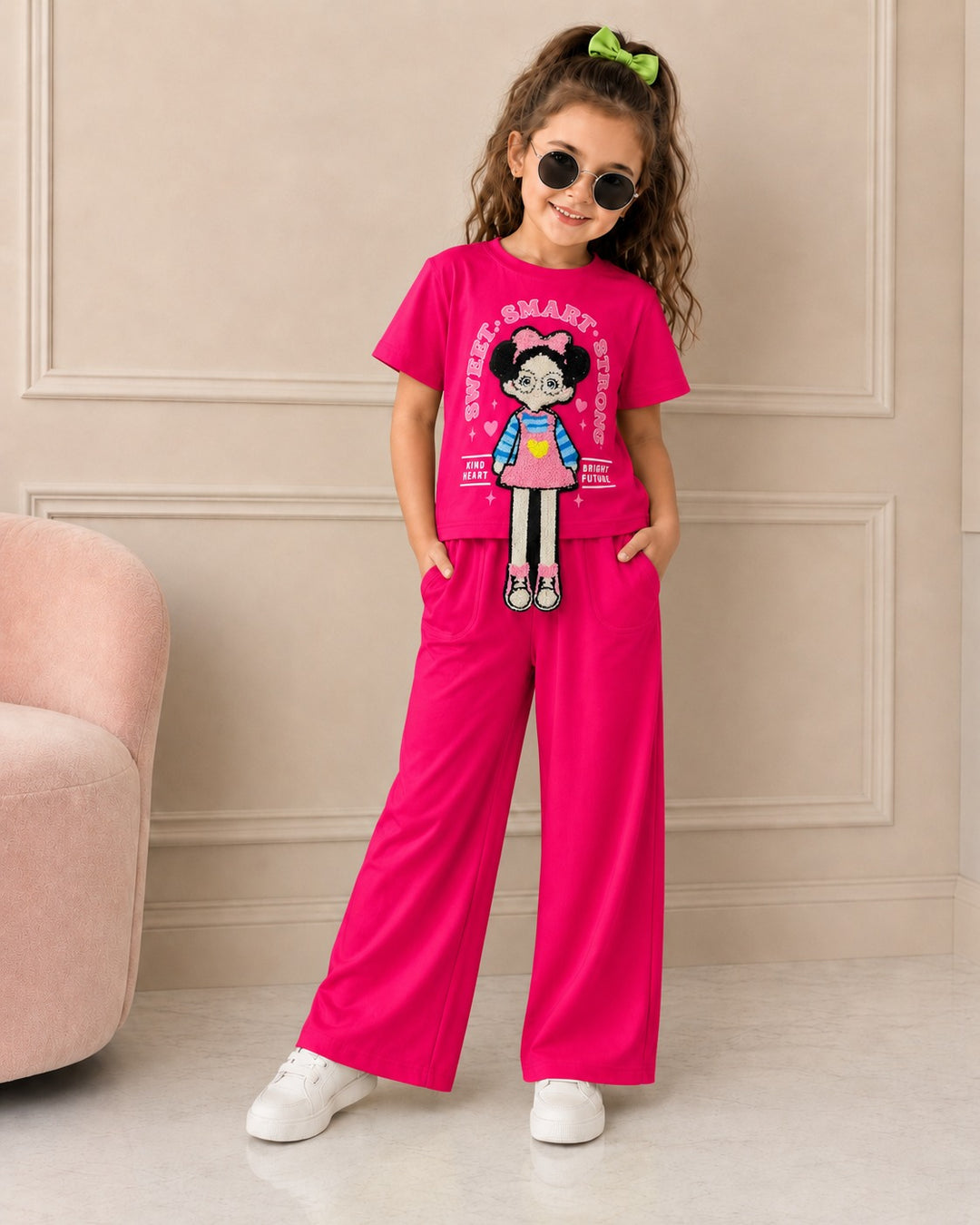 Girls Hot Pink Cartoon Applique Co-Ord Set [GCS-1F-6317] (4-12 Years)
