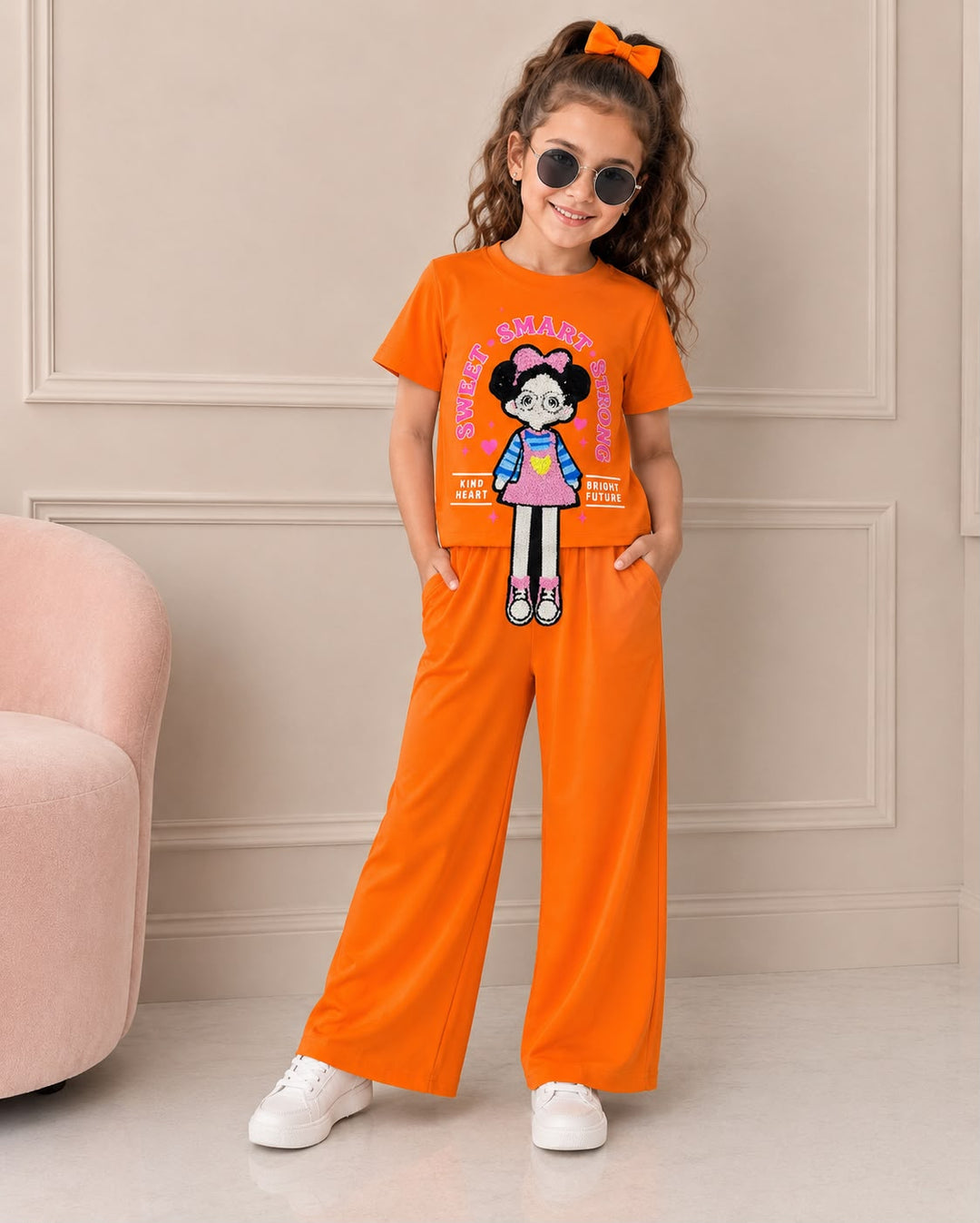 Girls Orange Cartoon Applique Co-Ord Set [GCS-6G-3371] (4-12 Years)