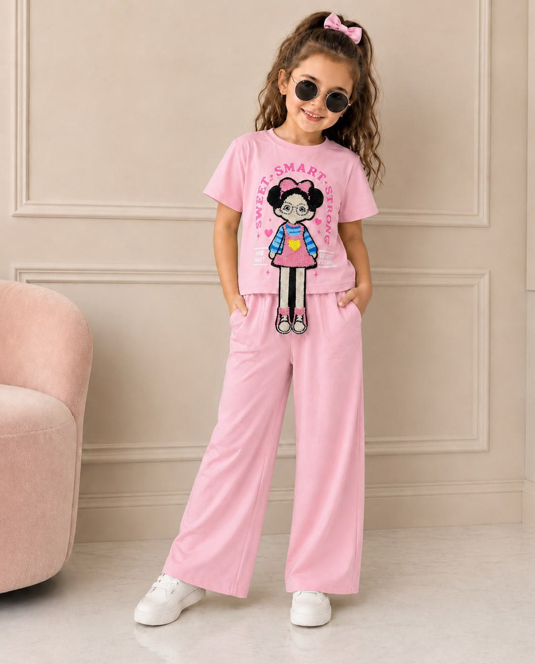Girls Pink Cartoon Applique Co-Ord Set [GCS-4F-4856] (4-12 Years)