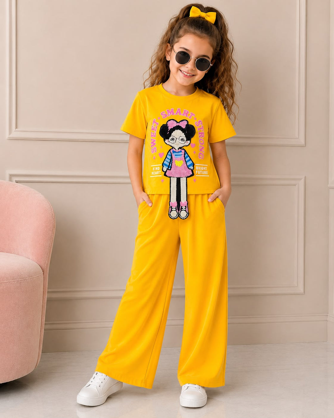 Girls Yellow Cartoon Applique Co-Ord Set [GCS-3G-7132] (4-12 Years)