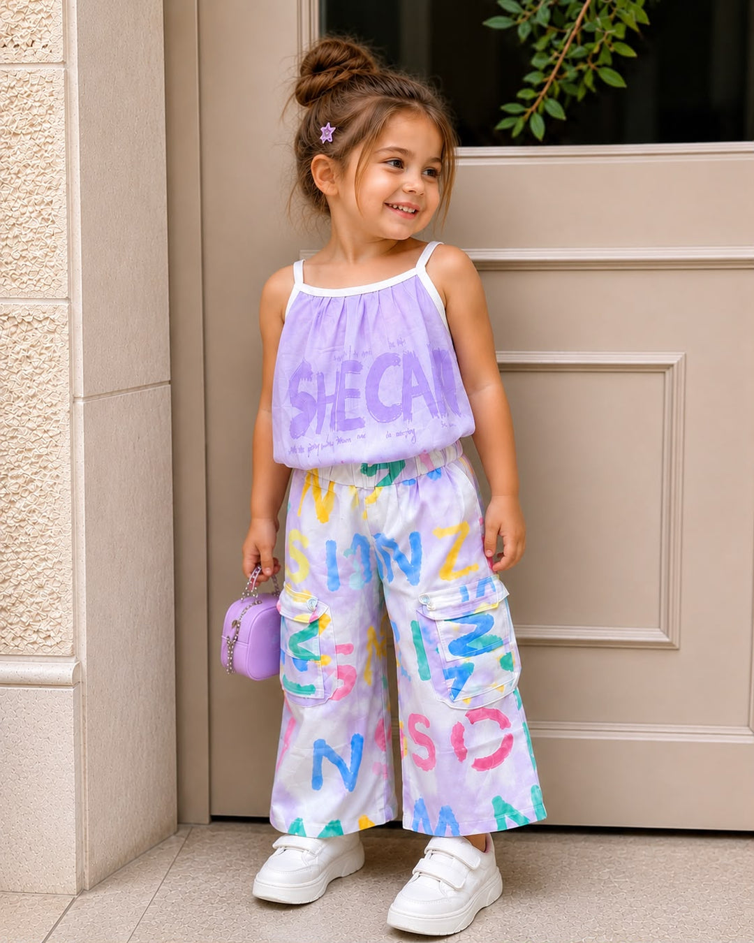Girls Printed Purple Co-Ord Set [GCS-4E-6694] (5-13Years)