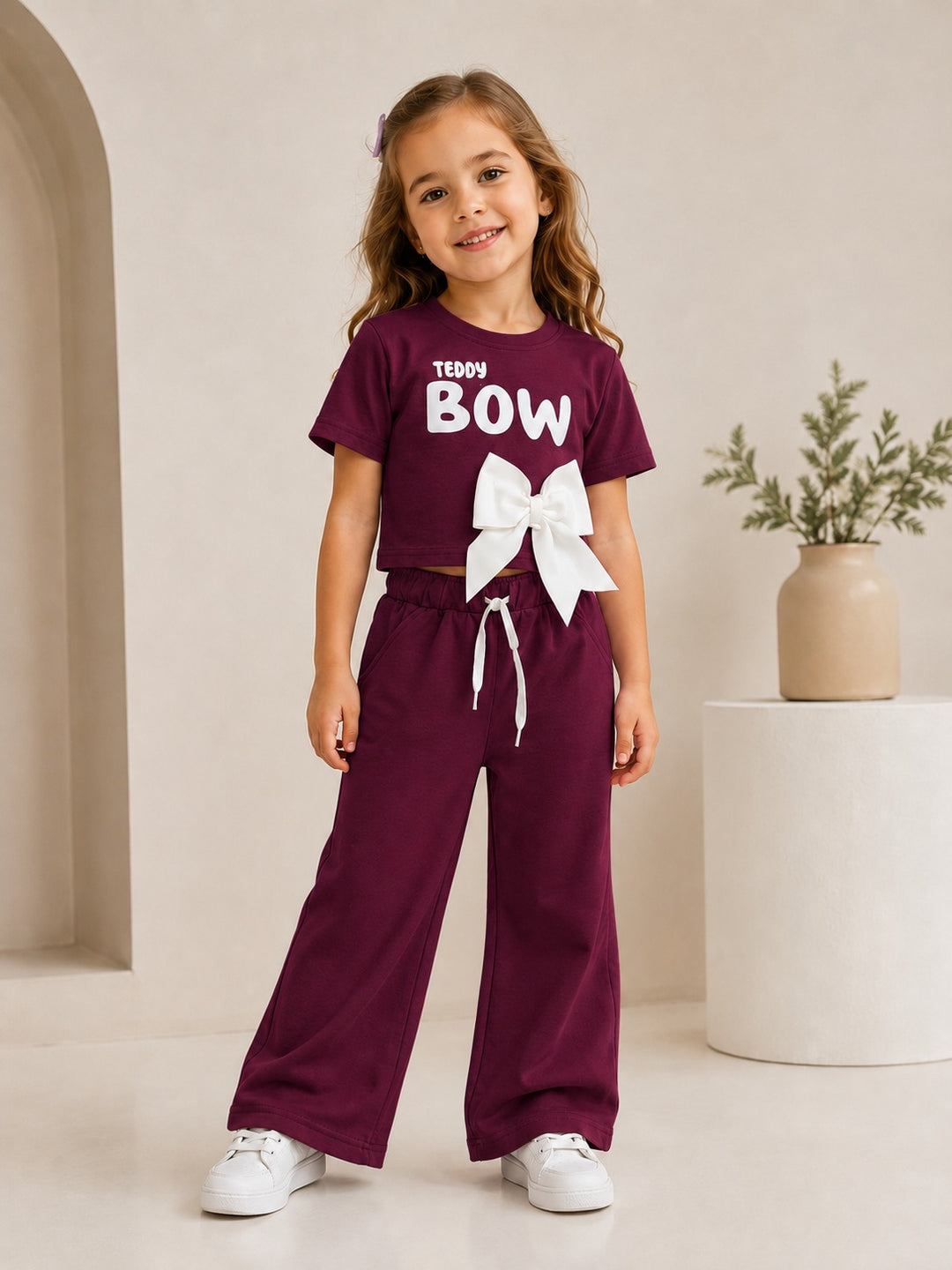 Girl's Wine Teddy Bow Co-Ord Set [GCS-3G-5168] (3-11 Years)