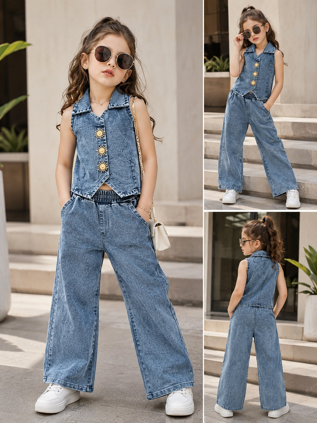 Girl's Blue Denim Co-Ord Set [GCS-5E-8401] (4-12Years)