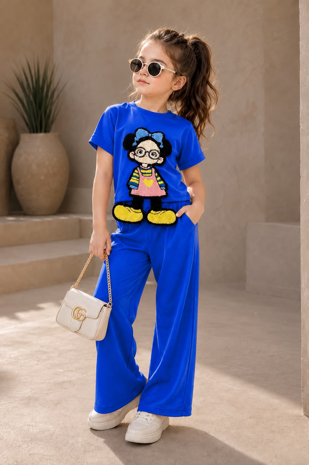 Girls Royal Blue Cartoon Applique Co-Ord Set [GCS-5G-6879] (3-12 Years)