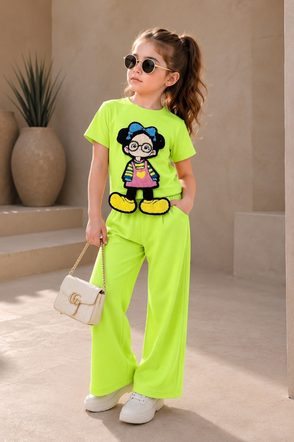 Girls Neon Green Cartoon Applique Co-Ord Set [GCS-6G-2314] (3-12 Years)