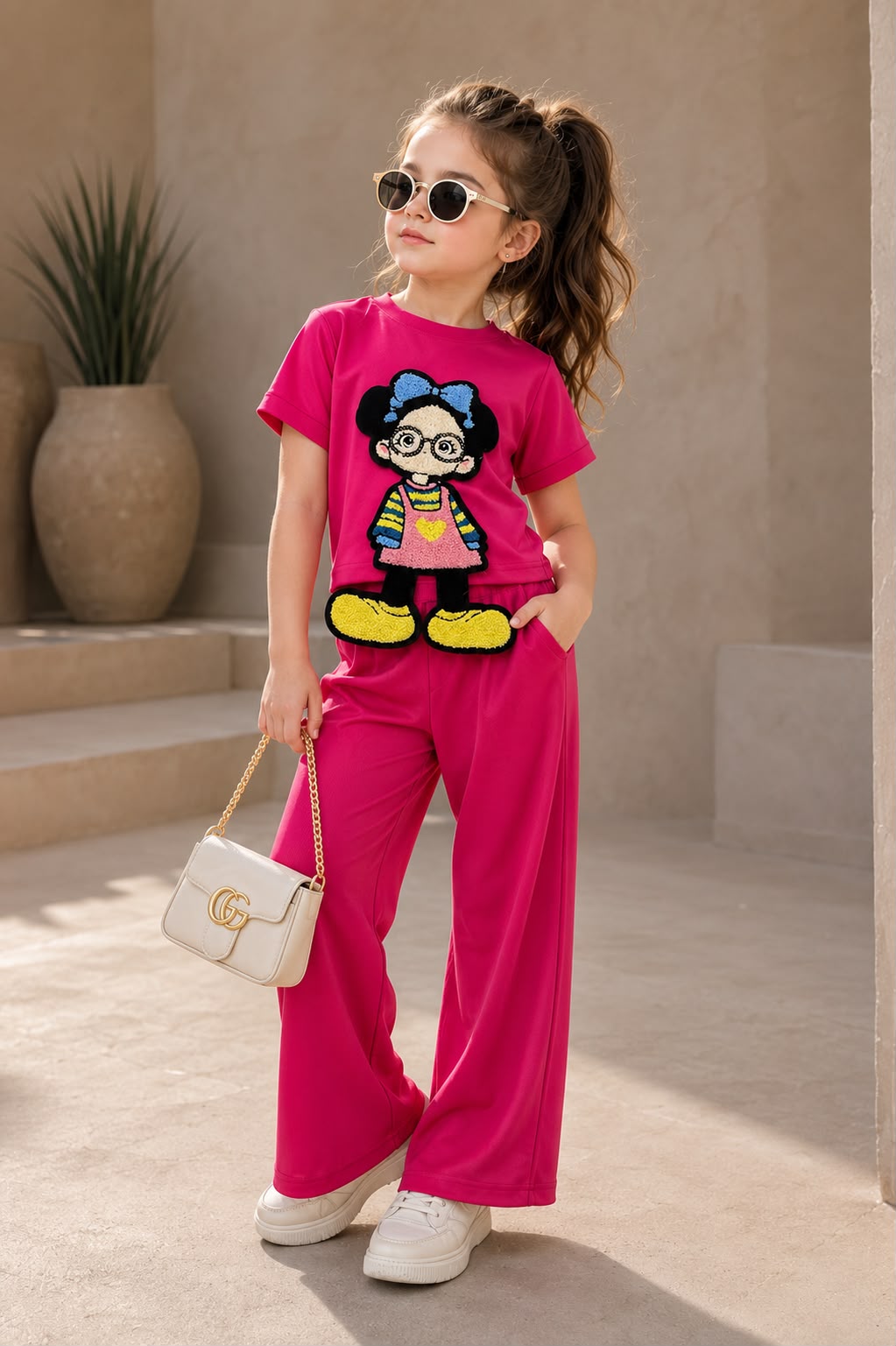 Girls Hot Pink Cartoon Applique Co-Ord Set [GCS-3F-3187] (3-12 Years)