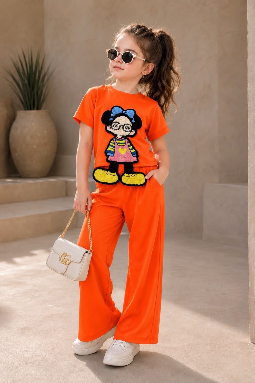 Girls Orange Cartoon Applique Co-Ord Set [GCS-6H-3219] (3-12 Years)