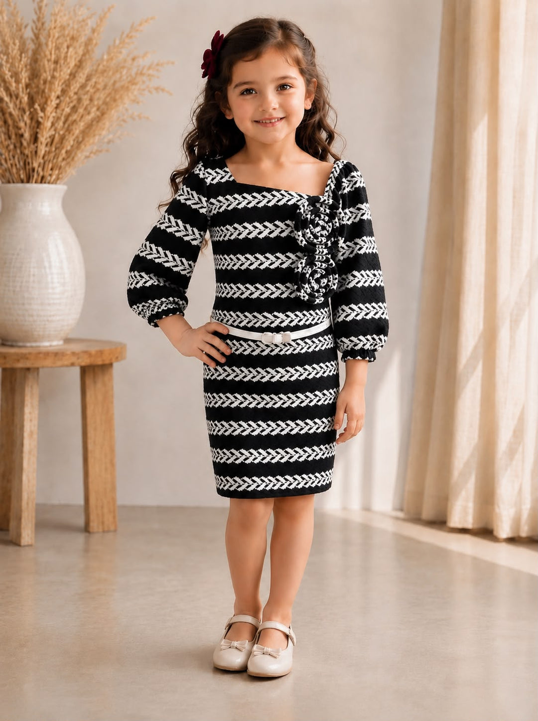 Girls Black Bodycon Onepiece With Belt [GD-6A-3415] (4-12 Years)
