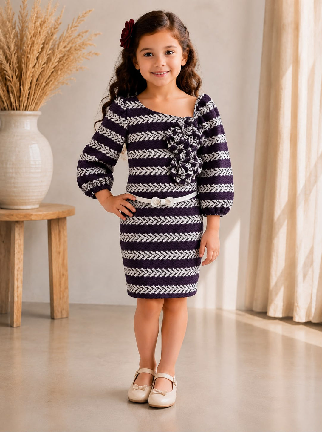 Girls Purple Bodycon Onepiece With Belt [GD-6A-1850] (4-12 Years)