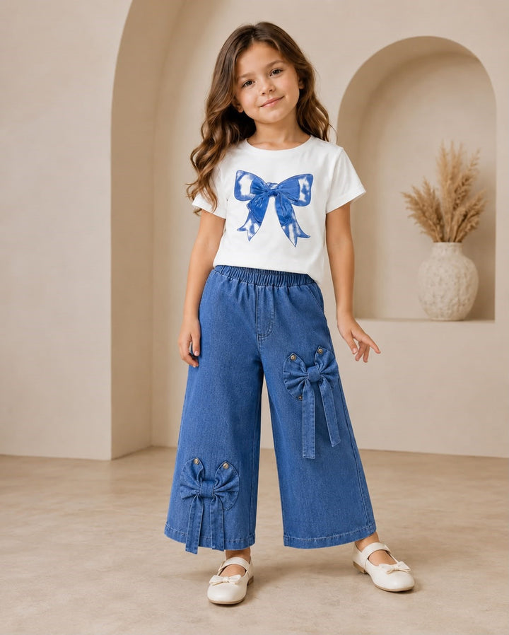 Girl's 2 Pcs Blue Denim Bow Co-Ord Set [GCS-4H-1548](4-12 Years)