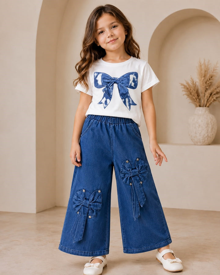 Girl's 2 Pcs Medium Blue Denim Bow Co-Ord Set [GCS-4E-3185](4-12 Years)