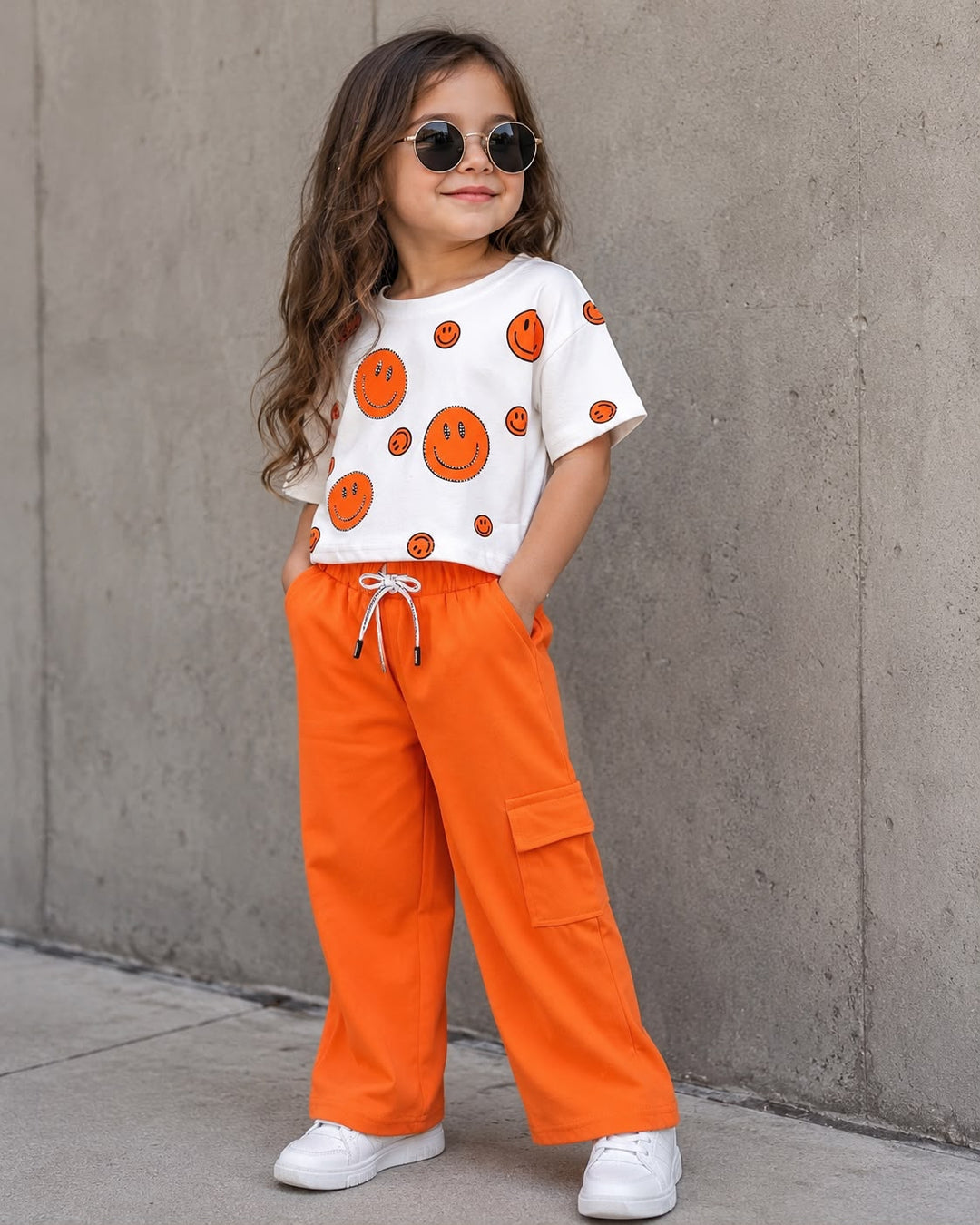 Girl's Smiley Orange Co-Ord Set [GCS-3E-7460](4-12 Years)