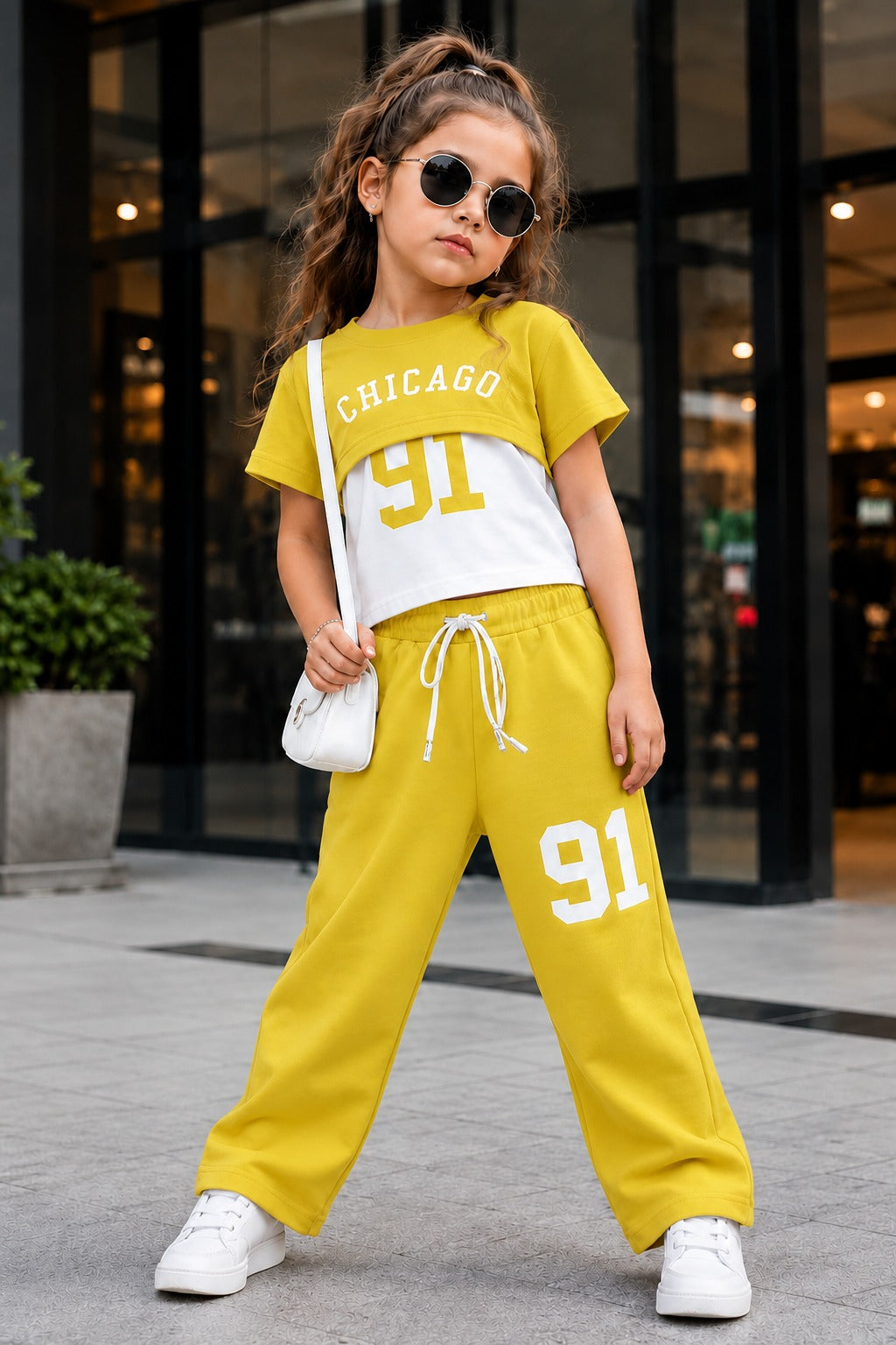 Girls’ Chicago 91 Mustard Yellow Layered T-Shirt & Straight-Fit Pant Co-ord Set[GCS-5E-2154] (4-12 Years)