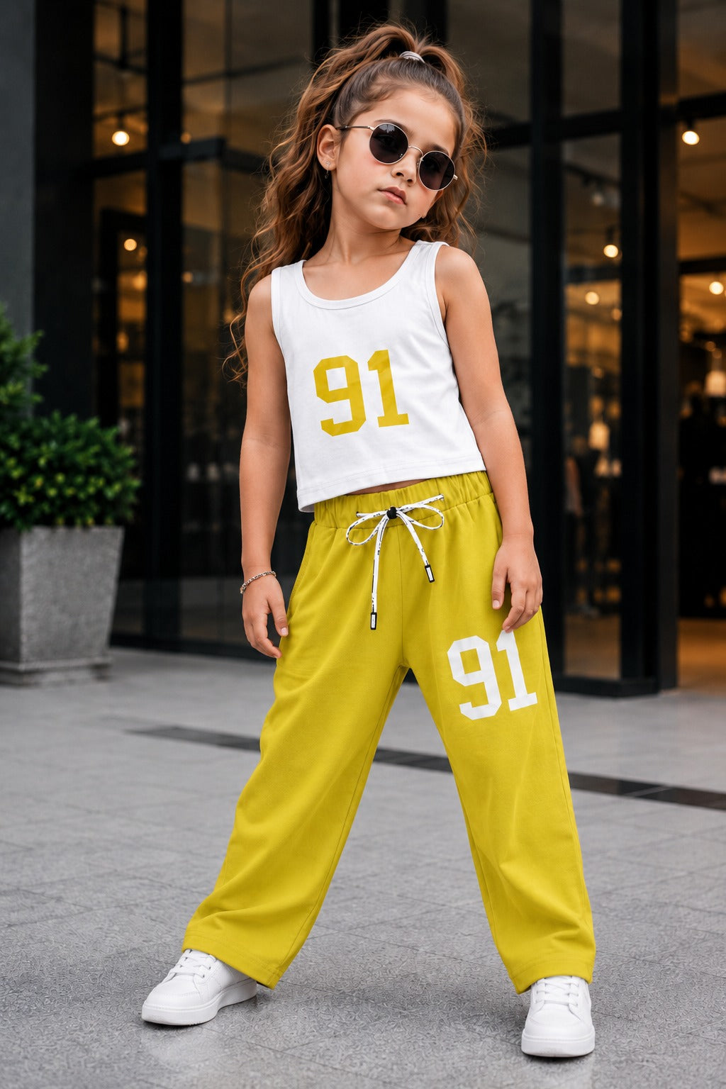Girls’ Chicago 91 Mustard Yellow Layered T-Shirt & Straight-Fit Pant Co-ord Set[GCS-5E-2154] (4-12 Years)
