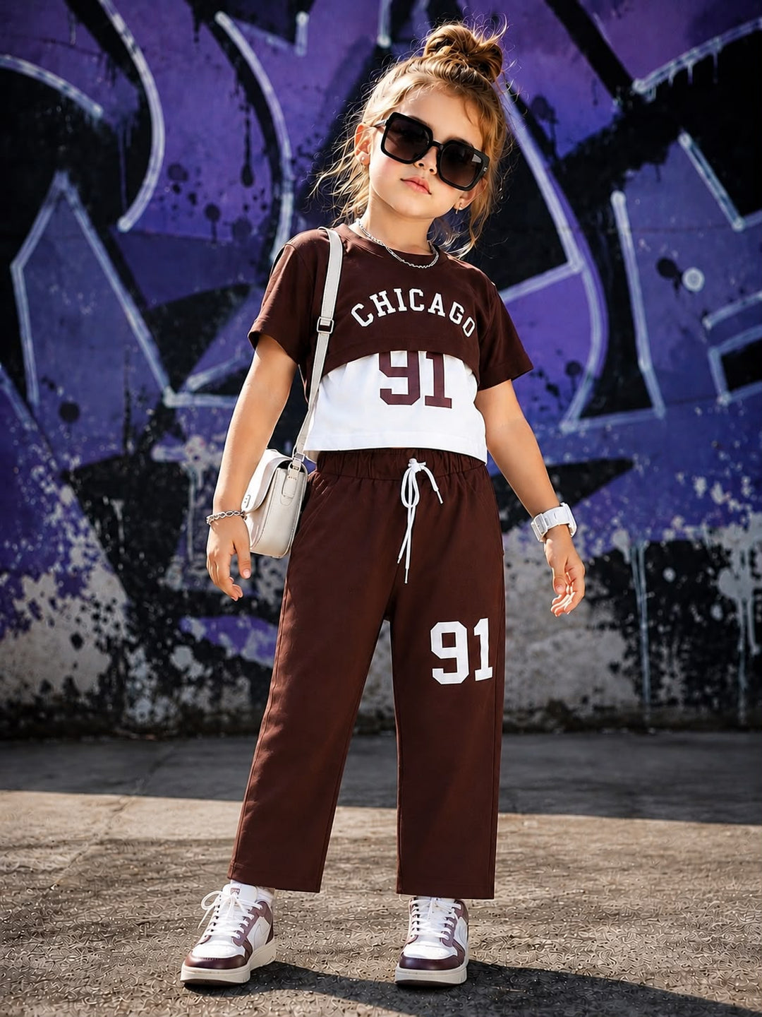 Girls’ Chicago 91 Dark Brown Layered T-Shirt & Straight-Fit Pant Co-ord Set[GCS-4E-2141] (4-12 Years)