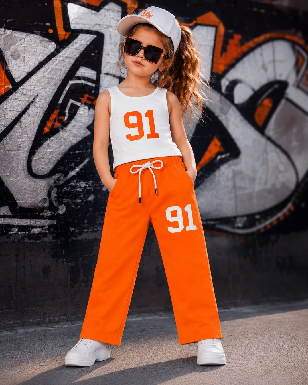 Girls’ Chicago 91 Orange Layered T-Shirt & Straight-Fit Pant Co-ord Set[GCS-3E-2078] (4-12 Years)