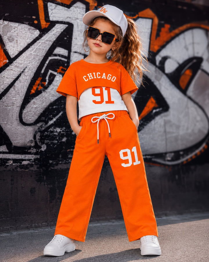 Girls’ Chicago 91 Orange Layered T-Shirt & Straight-Fit Pant Co-ord Set[GCS-3E-2078] (4-12 Years)