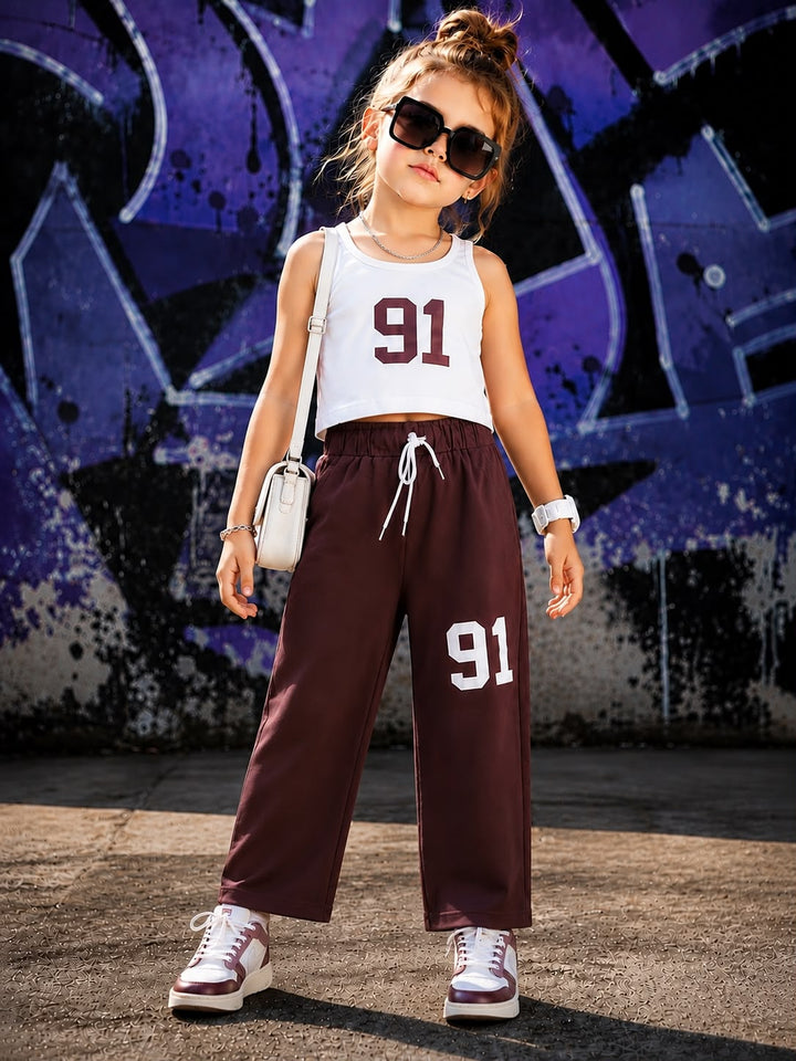 Girls’ Chicago 91 Dark Brown Layered T-Shirt & Straight-Fit Pant Co-ord Set[GCS-4E-2141] (4-12 Years)