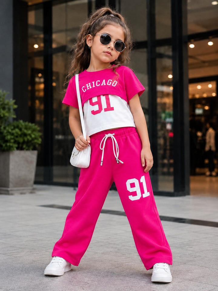 Girls’ Chicago 91 Hot Pink Layered T-Shirt & Straight-Fit Pant Co-ord Set[GCS-6E-5471] (4-12 Years)