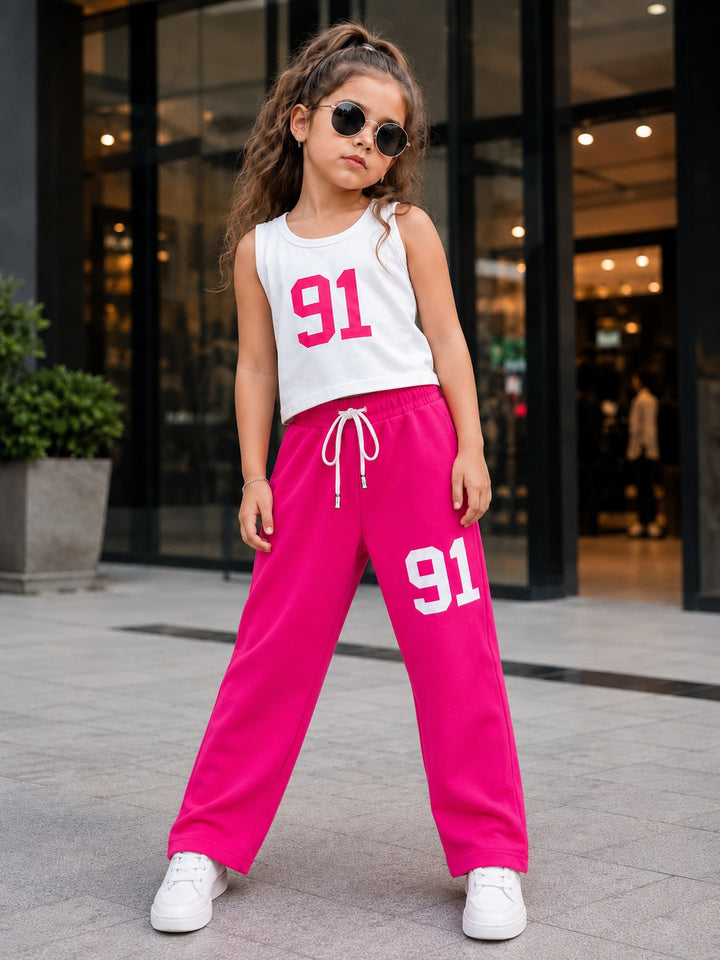 Girls’ Chicago 91 Hot Pink Layered T-Shirt & Straight-Fit Pant Co-ord Set[GCS-6E-5471] (4-12 Years)