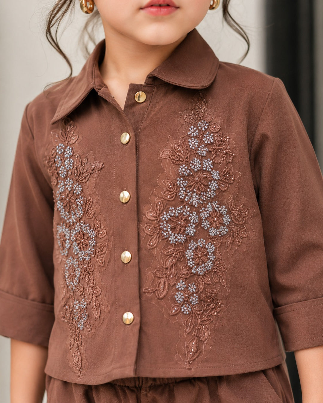 Girls Brown Embroidered Co-Ord Set [GCS-4H-8487] (4-12 Years)