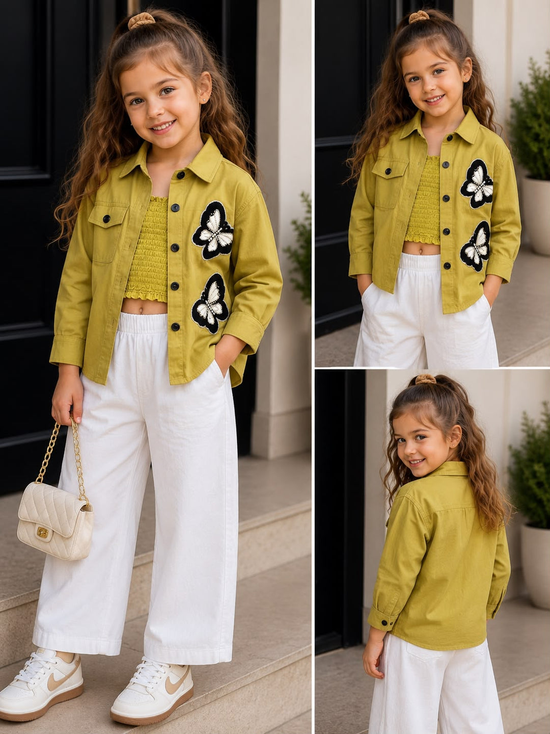 Girls 2 Peice Mustard Yellow Butterfly Shirt [ONLY SHIRT] [GT-2570] [4-12Years]