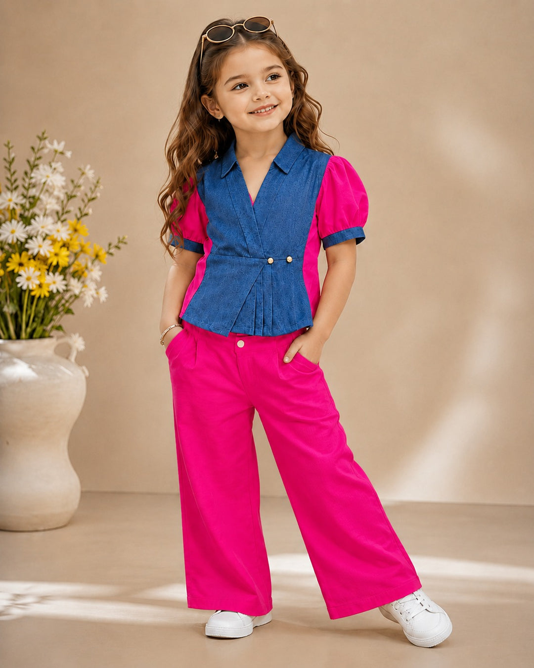 Girls Imported Hot Pink Waist Coat Co-ord Set [GCS-6C-3125] (4-12 Years)