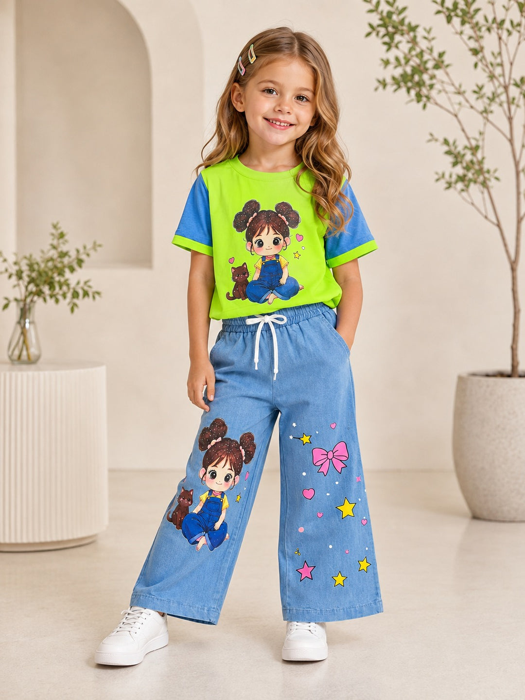 Girl's Neon Green Cartoon Denim Co-Ord Set [GCS-1H-7415] (2-11 Years)