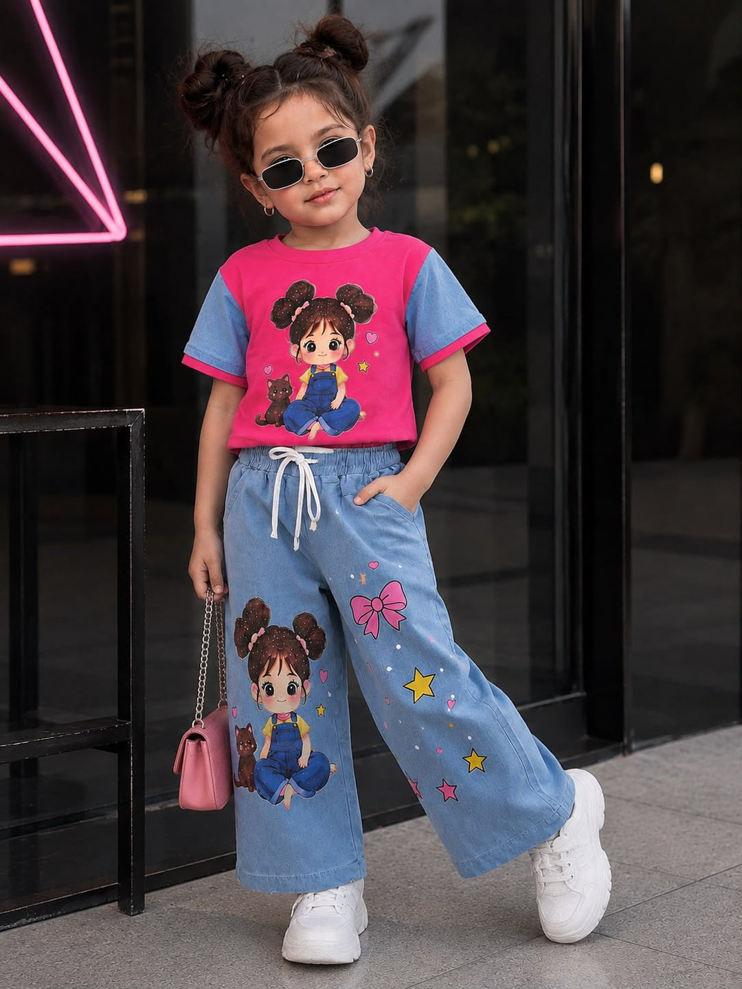 Girl's Hot Pink Cartoon Denim Co-Ord Set [GCS-4F-6519] (2-11 Years)