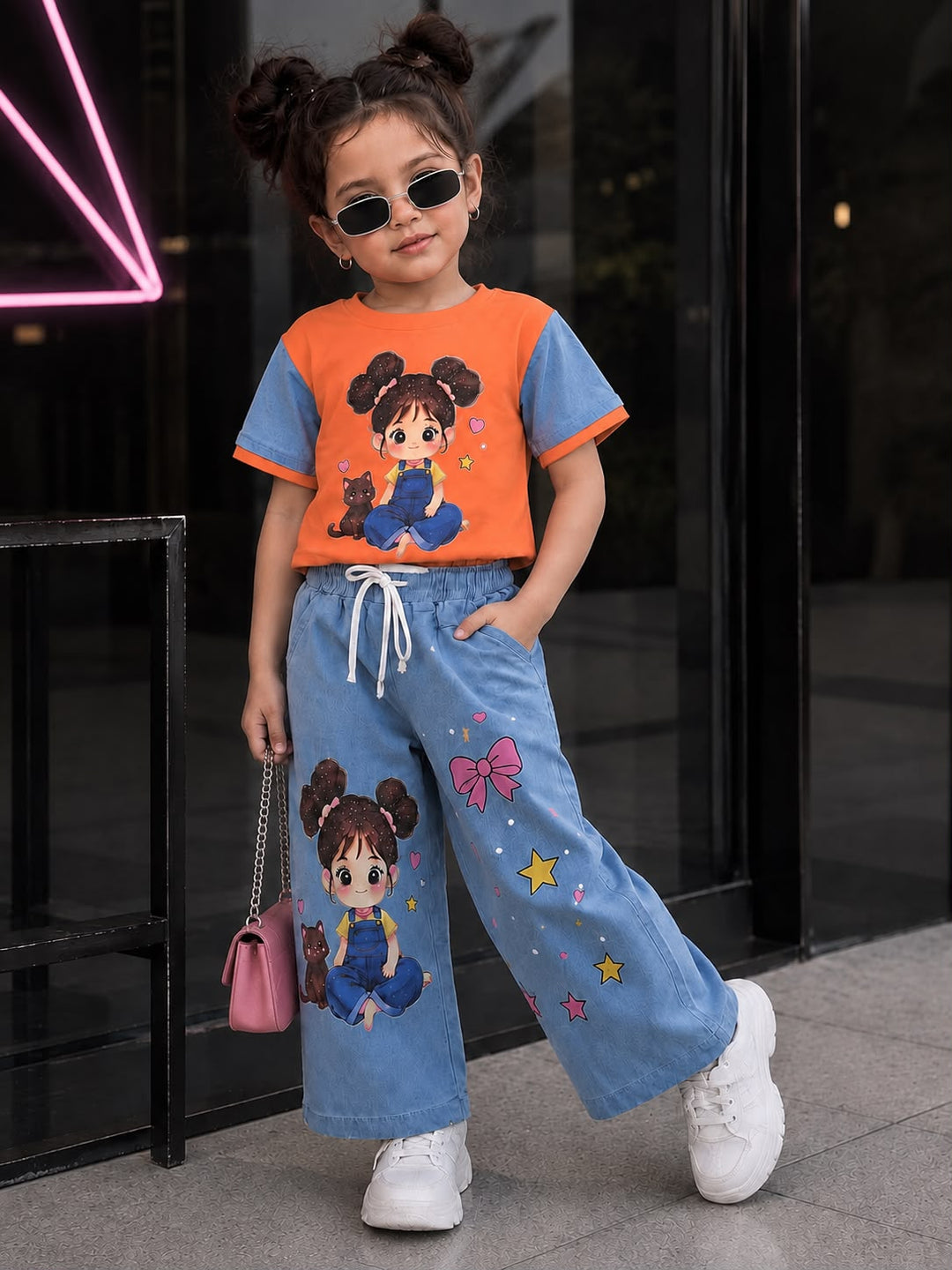 Girl's Orange Cartoon Denim Co-Ord Set [GCS-6G-5435] (2-11 Years)